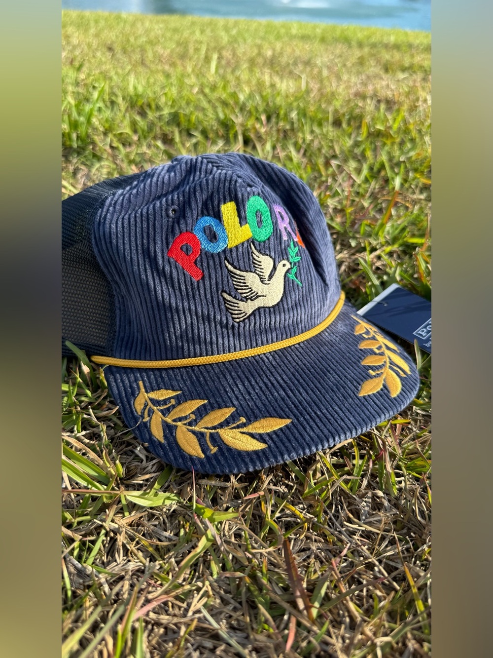 Ralph Lauren Navy Corduroy Trucker Hat with Multicolor 'POLO' & Dove